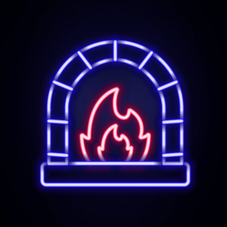 Glowing neon line Blacksmith oven icon isolated on brick wall background. Colorful outline concept. Vectorのイラスト素材