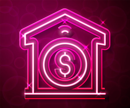 Glowing neon line Warehouse price icon isolated on red background. Vectorのイラスト素材