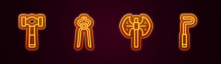 Set line Hammer, Blacksmith pliers tool, Medieval poleaxe and Fire poker. Glowing neon icon. Vectorのイラスト素材