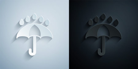 Paper cut Umbrella and rain drops icon isolated on grey and black background. Waterproof icon. Protection, safety, security concept. Water resistant symbol. Paper art style. Vectorのイラスト素材