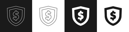 Set Shield with dollar symbol icon isolated on black and white background. Security shield protection. Money security concept. Vectorのイラスト素材