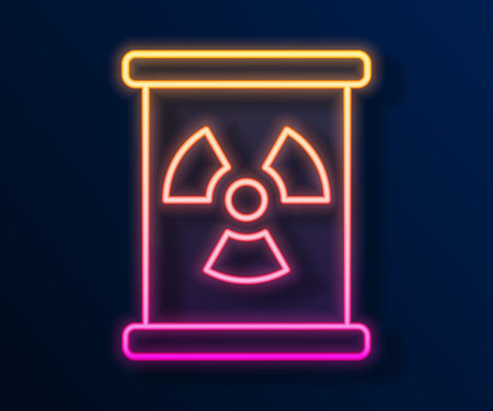 Glowing neon line Radioactive waste in barrel icon isolated on black background. Toxic refuse keg. Radioactive garbage emissions, environmental pollution. Vectorのイラスト素材