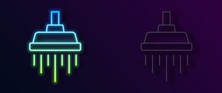 Glowing neon line Shower head with water drops flowing icon isolated on black background. Vectorのイラスト素材