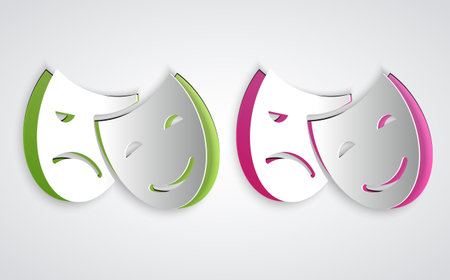 Paper cut Comedy and tragedy theatrical masks icon isolated on grey background. Paper art style. Vectorのイラスト素材