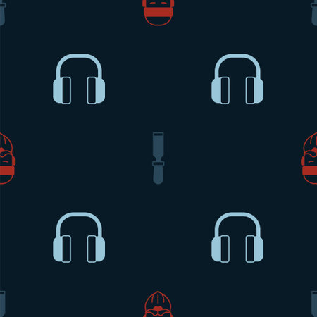 Set Lumberjack, Chisel tool and Headphones on seamless pattern. Vectorのイラスト素材
