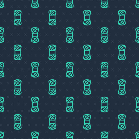 Green line Yarn icon isolated seamless pattern on blue background. Label for hand made, knitting or tailor shop. Vectorのイラスト素材