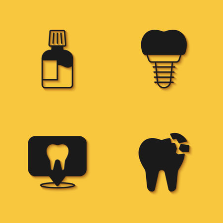 Set Mouthwash, Broken tooth, Dental clinic location and implant icon with long shadow. Vectorのイラスト素材