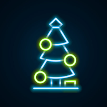 Glowing neon line Christmas tree with decorations icon isolated on black background. Merry Christmas and Happy New Year. Colorful outline concept. Vectorのイラスト素材