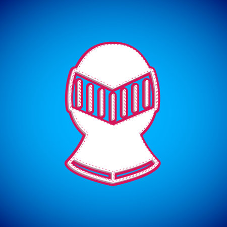 White Medieval iron helmet for head protection icon isolated on blue background. Knight helmet. Vectorのイラスト素材