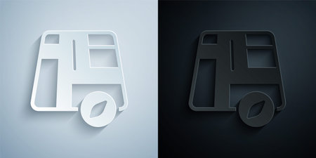 Paper cut Map pointer with taxi car icon isolated on grey and black background. Location symbol. Paper art style. Vectorのイラスト素材