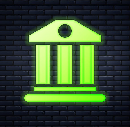 Glowing neon Bank building icon isolated on brick wall background. Vectorのイラスト素材