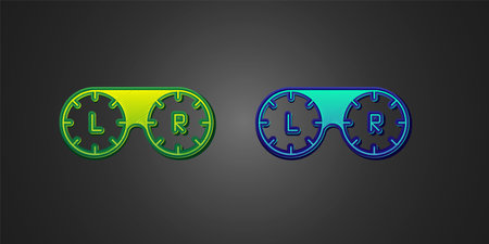 Green and blue Contact lens container icon isolated on black background. Eyesight care, lens hygiene container. Vectorのイラスト素材