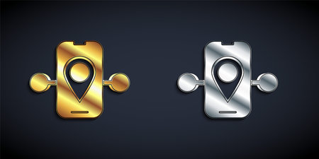 Gold and silver Route location icon isolated on black background. Train line path of train road route with start point GPS and dash line. Long shadow style. Vectorのイラスト素材