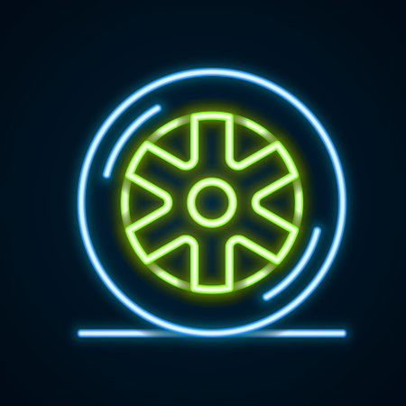 Glowing neon line Car wheel icon isolated on black background. Colorful outline concept. Vectorのイラスト素材