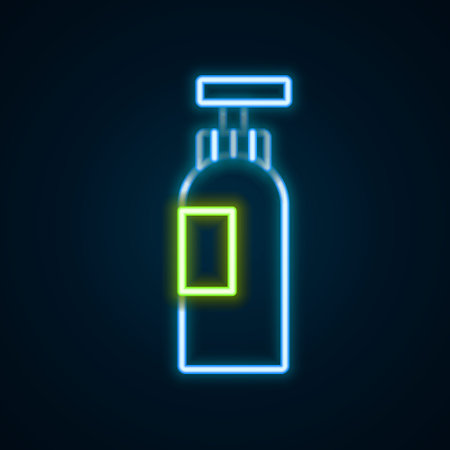 Glowing neon line Bottle of shampoo icon isolated on black background. Colorful outline concept. Vectorのイラスト素材