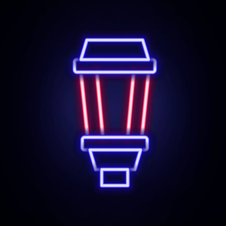 Glowing neon line Garden light lamp icon isolated on brick wall background. Solar powered lamp. Lantern. Street lamp. Colorful outline concept. Vectorのイラスト素材