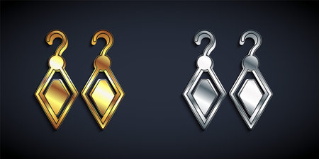 Gold and silver Earrings icon isolated on black background. Jewelry accessories. Long shadow style. Vectorのイラスト素材