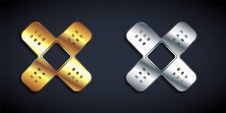 Gold and silver Crossed bandage plaster icon isolated on black background. Medical plaster, adhesive bandage, flexible fabric bandage. Long shadow style. Vectorのイラスト素材