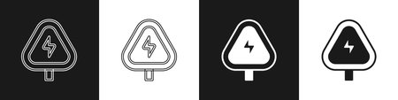 Set High voltage sign icon isolated on black and white background. Danger symbol. Arrow in triangle. Warning icon. Vectorのイラスト素材