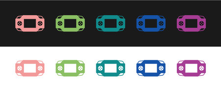 Set Portable video game console icon isolated on black and white background. Handheld console...