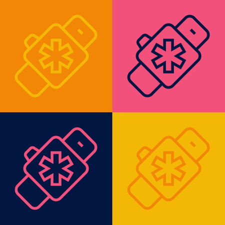 Pop art line Smart watch showing heart beat rate icon isolated on color background. Fitness App concept. Vectorのイラスト素材
