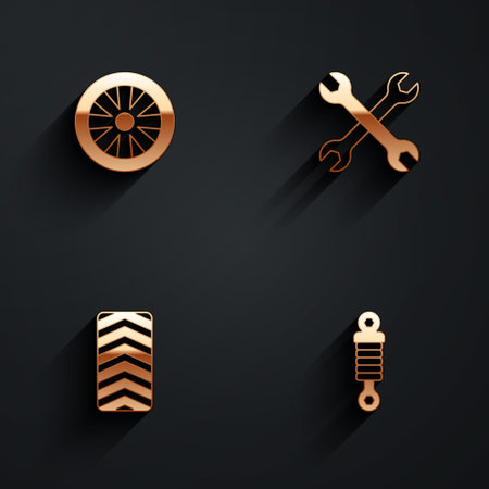 Set Alloy wheel for car, Wrench spanner, Car tire and Shock absorber icon with long shadow. Vectorのイラスト素材