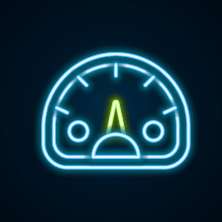 Glowing neon line Speedometer icon isolated on black background. Colorful outline concept. Vectorのイラスト素材