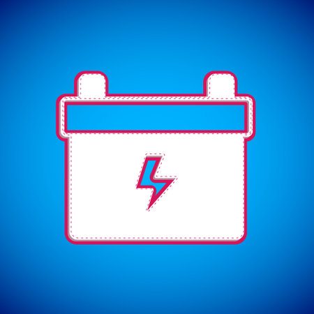 White Car battery icon isolated on blue background. Accumulator battery energy power and electricity accumulator battery. Vectorのイラスト素材