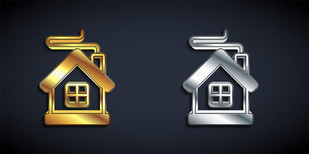 Gold and silver Merry Christmas house icon isolated on black background. Home symbol. Long shadow style. Vectorのイラスト素材
