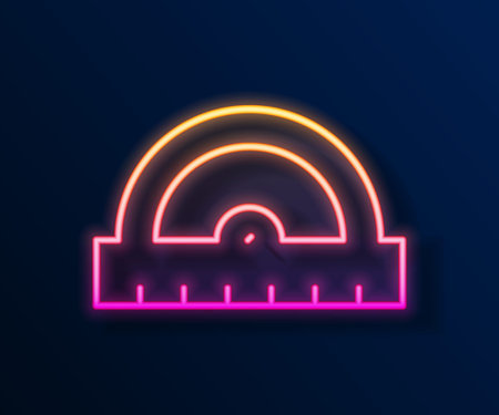 Glowing neon line Protractor grid for measuring degrees icon isolated on black background. Tilt angle meter. Measuring tool. Geometric symbol. Vectorのイラスト素材