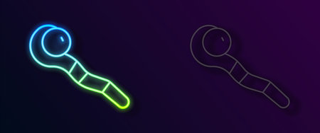 Glowing neon line Magic staff icon isolated on black background. Magic wand, scepter, stick, rod. Vectorのイラスト素材