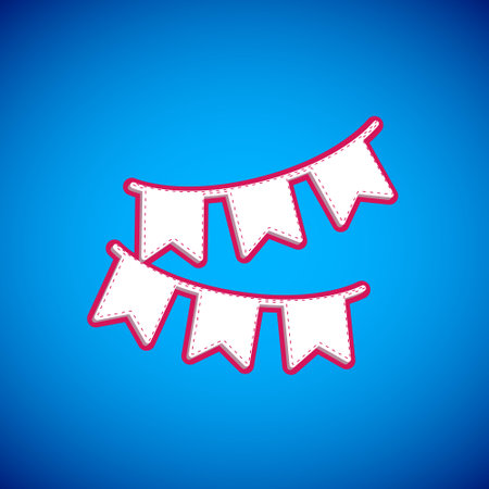 White Carnival garland with flags icon isolated on blue background. Party pennants for birthday celebration, festival decoration. Vectorのイラスト素材