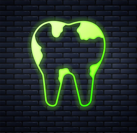 Glowing neon Broken tooth icon isolated on brick wall background. Dental problem icon. Dental care symbol. Vectorのイラスト素材