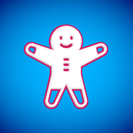 White Holiday gingerbread man cookie icon isolated on blue background. Cookie in shape of man with icing. Vectorのイラスト素材