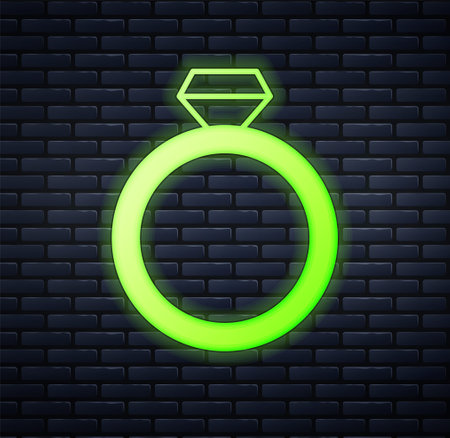 Glowing neon Diamond engagement ring icon isolated on brick wall background. Vectorのイラスト素材
