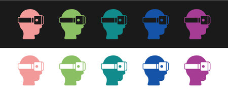 Set Virtual reality glasses icon isolated on black and white background. Stereoscopic 3d vr mask. Optical head mounted display. Vectorのイラスト素材