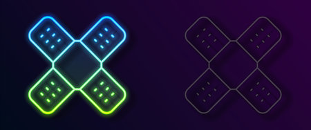 Glowing neon line Crossed bandage plaster icon isolated on black background. Medical plaster, adhesive bandage, flexible fabric bandage. Vectorのイラスト素材
