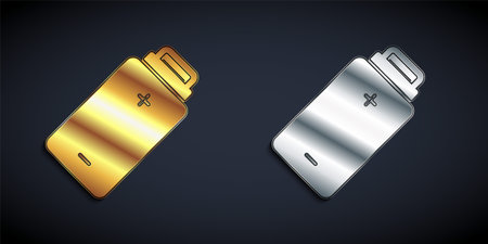 Gold and silver Battery charge level indicator icon isolated on black background. Long shadow style. Vectorのイラスト素材