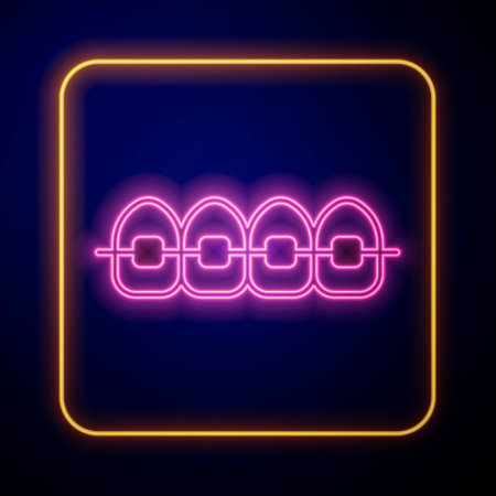 Glowing neon Teeth with braces icon isolated on black background. Alignment of bite of teeth, dental row with with braces. Dental concept. Vectorのイラスト素材