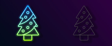 Glowing neon line Christmas tree with decorations icon isolated on black background. Merry Christmas and Happy New Year. Vectorのイラスト素材