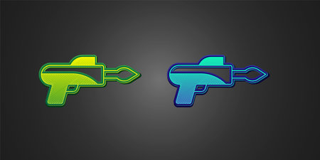 Green and blue Fishing harpoon icon isolated on black background. Fishery manufacturers for catching fish under water. Diving underwater equipment. Vectorのイラスト素材