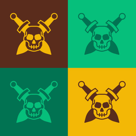 Pop art Crossed medieval sword with skull icon isolated on color background. Medieval weapon. Vectorのイラスト素材