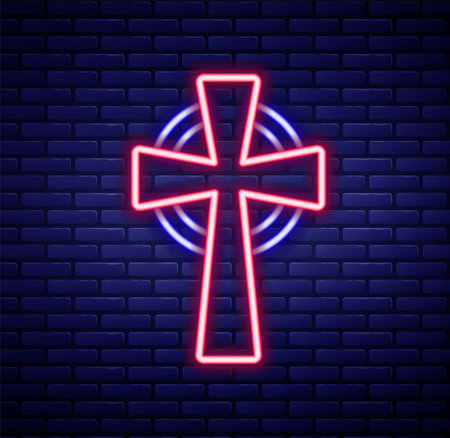 Glowing neon line Celtic cross icon isolated on brick wall background. Happy Saint Patricks day. National Irish holiday. Colorful outline concept. Vectorのイラスト素材