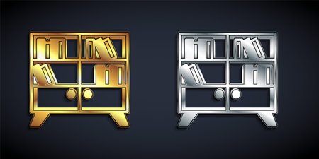 Gold and silver Library bookshelf icon isolated on black background. Long shadow style. Vectorのイラスト素材