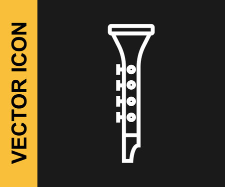White line Clarinet icon isolated on black background. Musical instrument. Vectorのイラスト素材