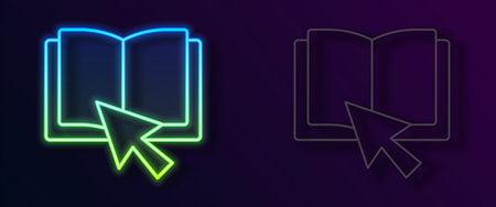 Glowing neon line Online book icon isolated on black background. Internet education concept, e-learning resources, distant online courses. Vectorのイラスト素材