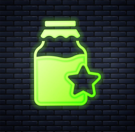 Glowing neon Jar of honey icon isolated on brick wall background. Food bank. Sweet natural food symbol. Vectorのイラスト素材