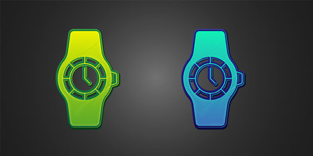 Green and blue Wrist watch icon isolated on black background. Wristwatch icon. Vectorのイラスト素材