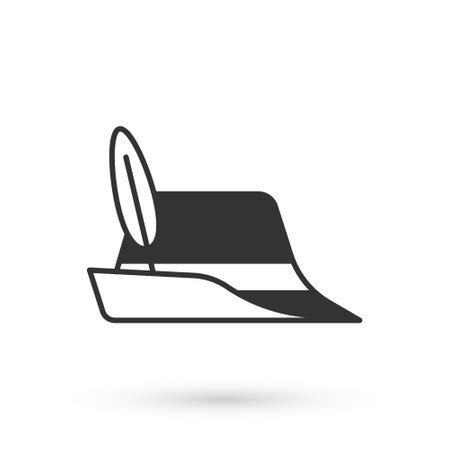 Grey  hat icon isolated on white background. Hunter hat with feather. German hat. Vectorのイラスト素材