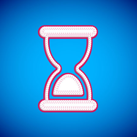 White Old hourglass with flowing sand icon isolated on blue background. Sand clock sign. Business and time management concept. Vectorのイラスト素材